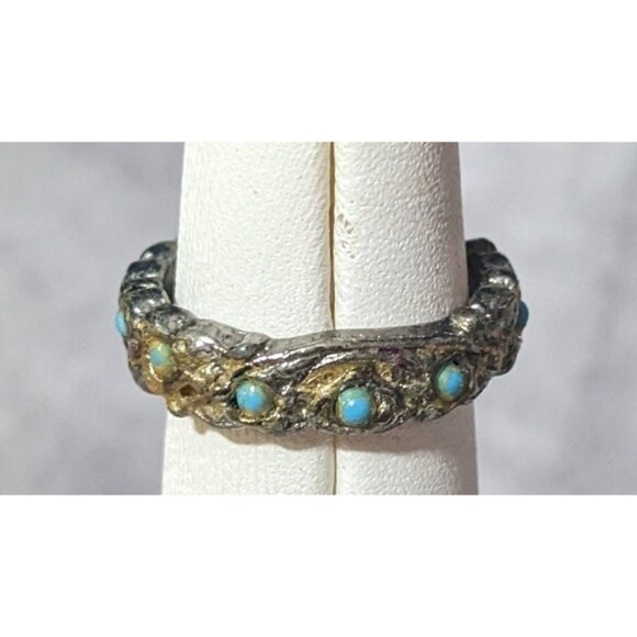 Vintage Whimsical Silver Tone Ring With Tiny Turquoise Accents - Picture 7 of 8